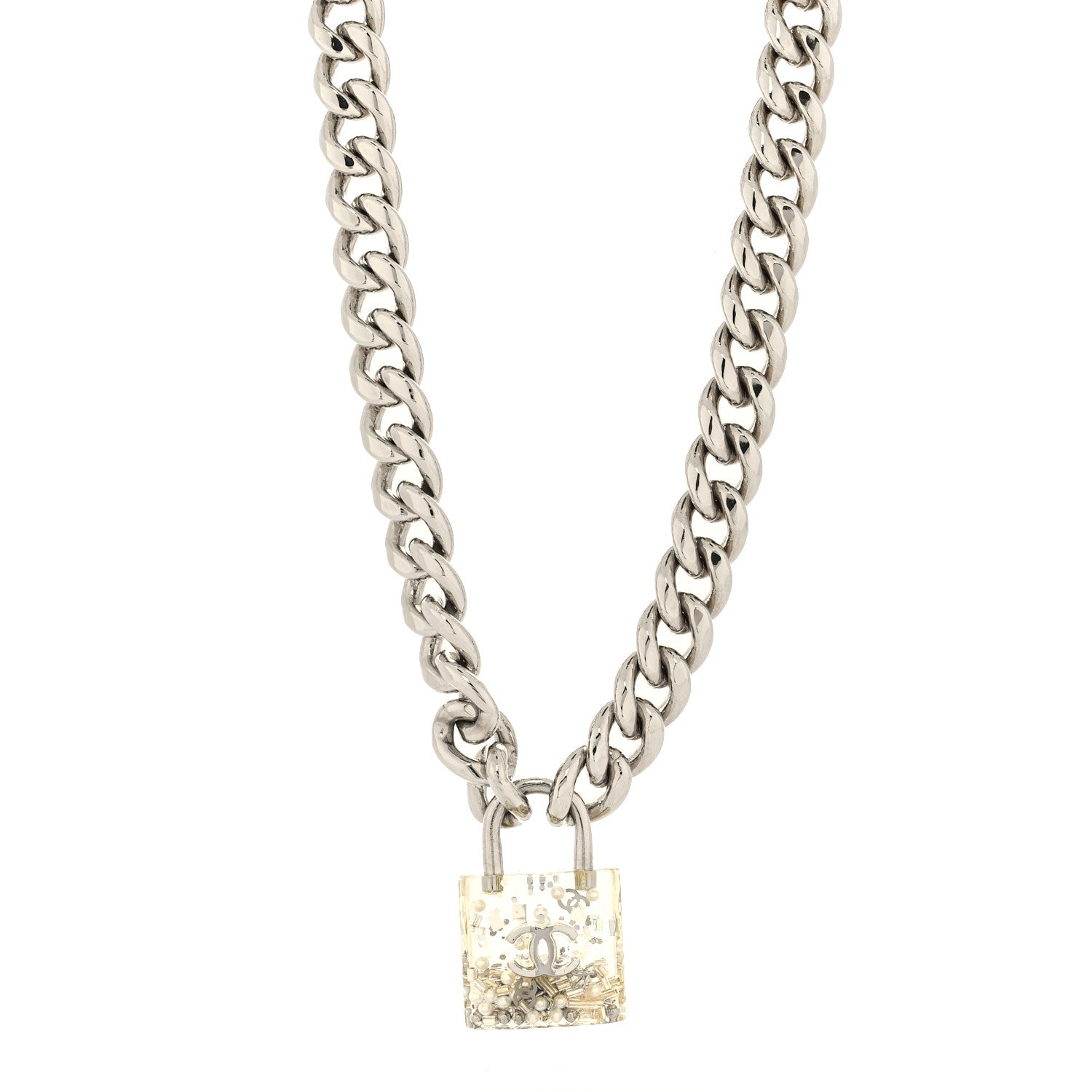 Chanel Resin CC Oversized Padlock Chain Necklace Silver Pearly White 1 of 5