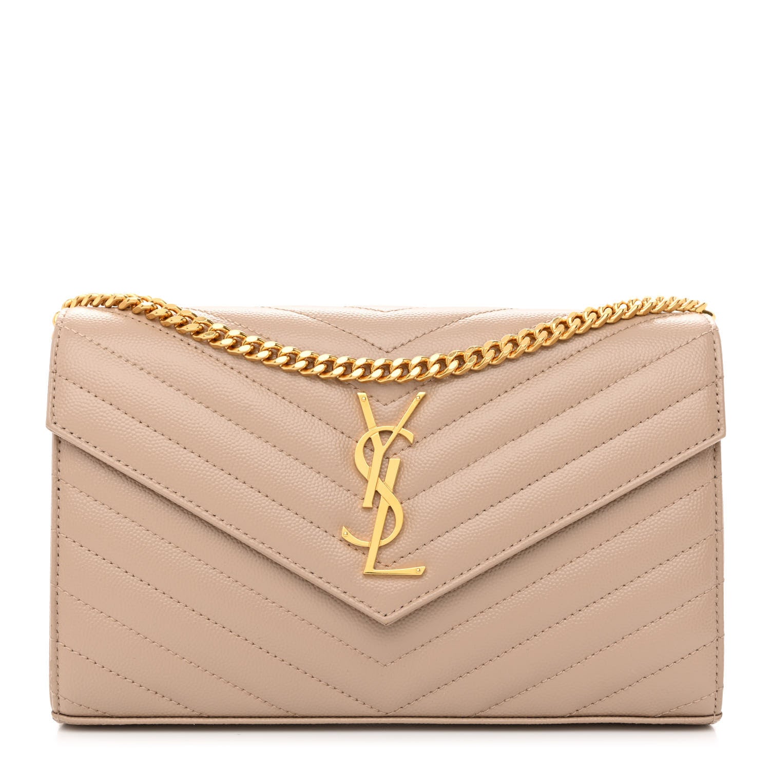 Saint Laurent Grain De Poudre Matelasse Chevron Monogram Chain Wallet Deep Beige 1 of 11