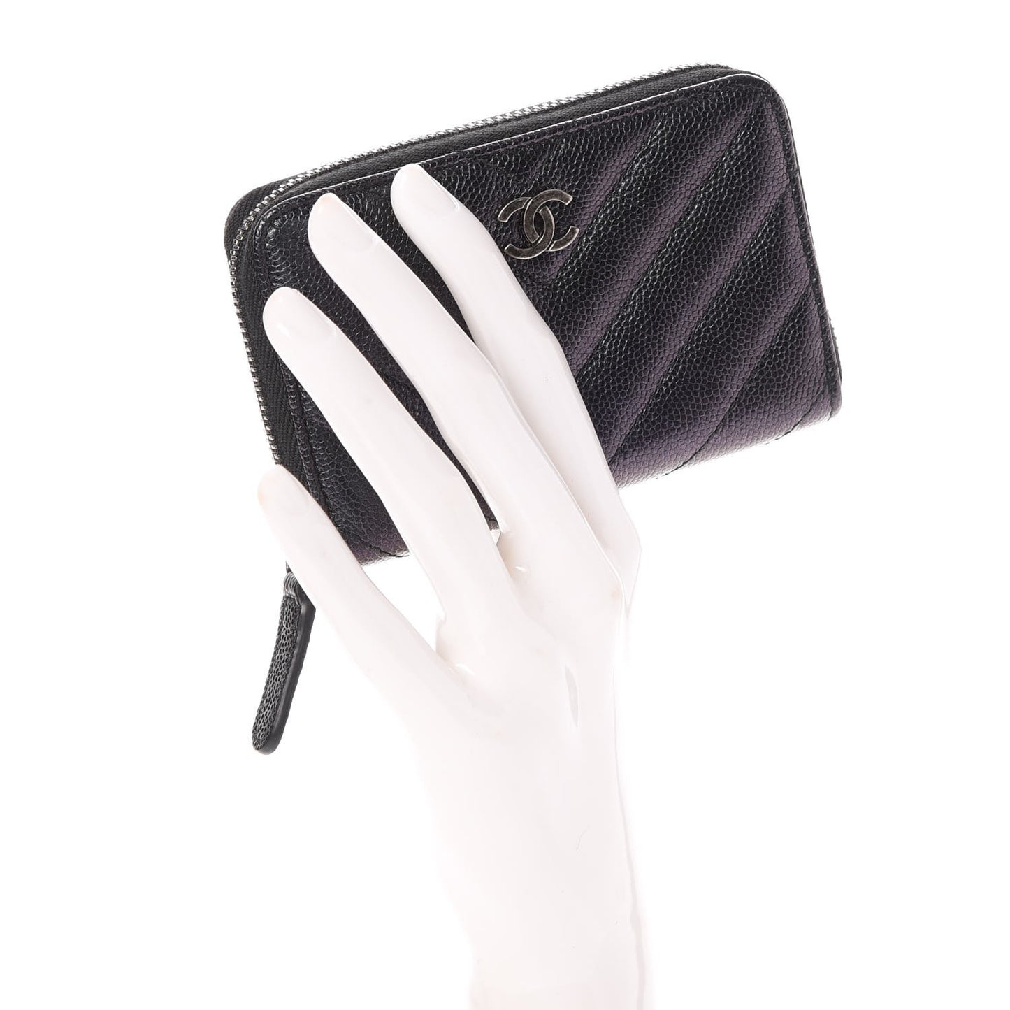 Iridescent Caviar Chevron Quilted Zip Around Coin Purse Black