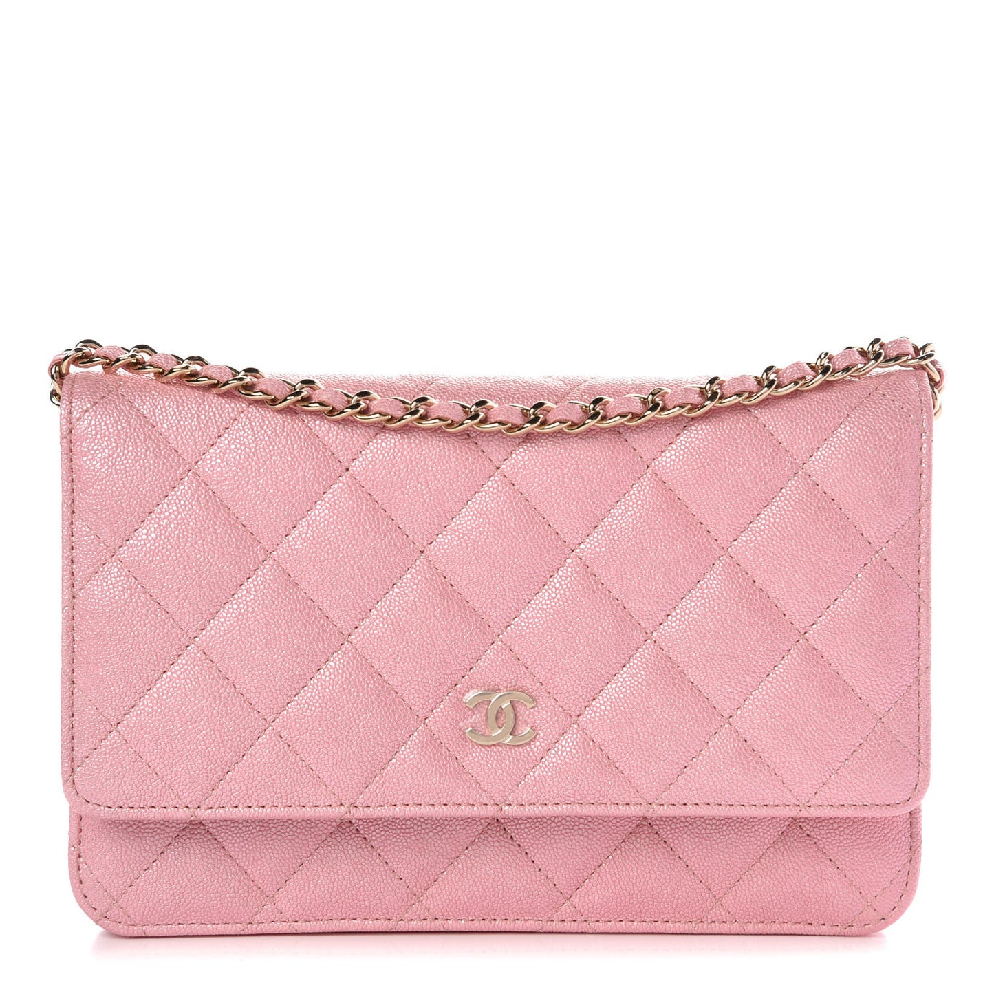 Iridescent Caviar Quilted Wallet on Chain WOC Rose Pink