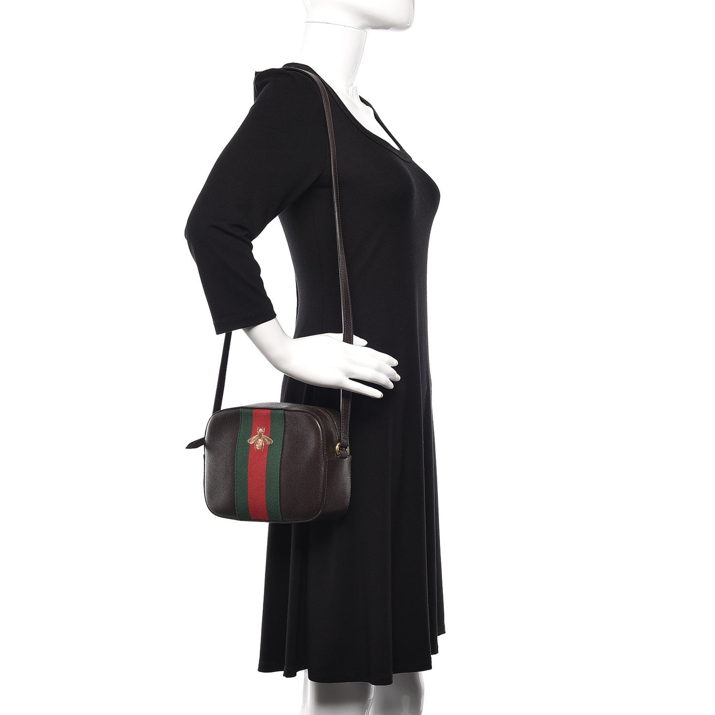 Textured Calfskin Web Small Webby Bee Shoulder Bag Brown Coffee