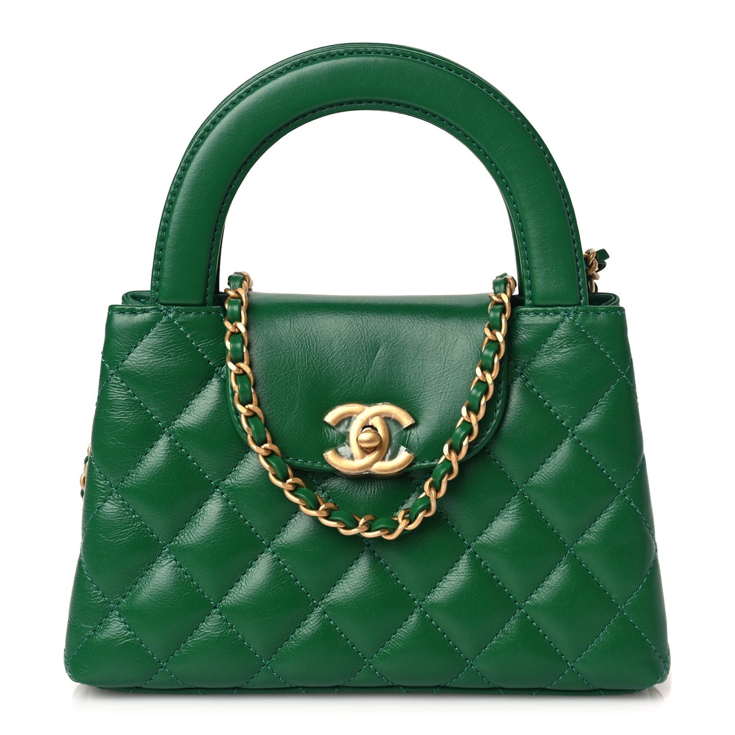 Shiny Aged Calfskin Quilted Nano Kelly Shopper Green