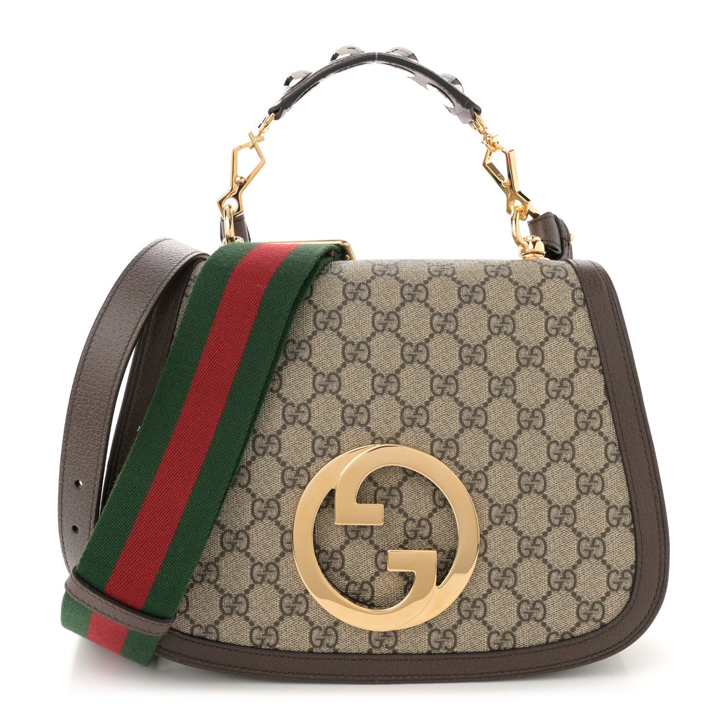 GG Supreme Monogram Textured Dollar Calfskin Web Medium Blondie Top Handle Shoulder Flap Bag Beige Ebony New Acero