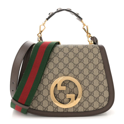 Gucci GG Supreme Monogram Textured Dollar Calfskin Web Medium Blondie Top Handle Shoulder Flap Bag Beige Ebony New Acero 1 of 7