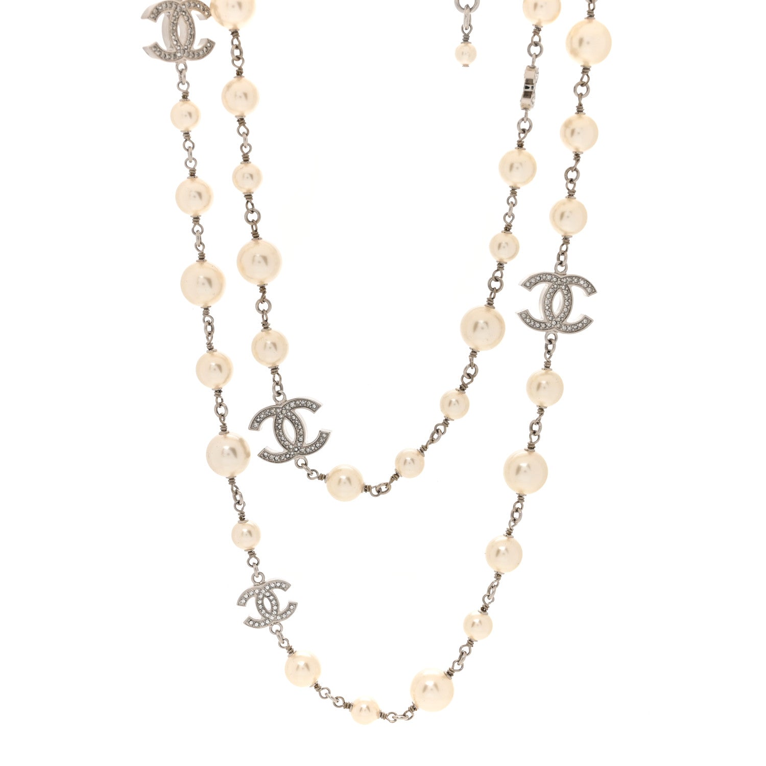 Chanel Graduated Pearl Crystal CC Long Necklace Silver 1 of 5