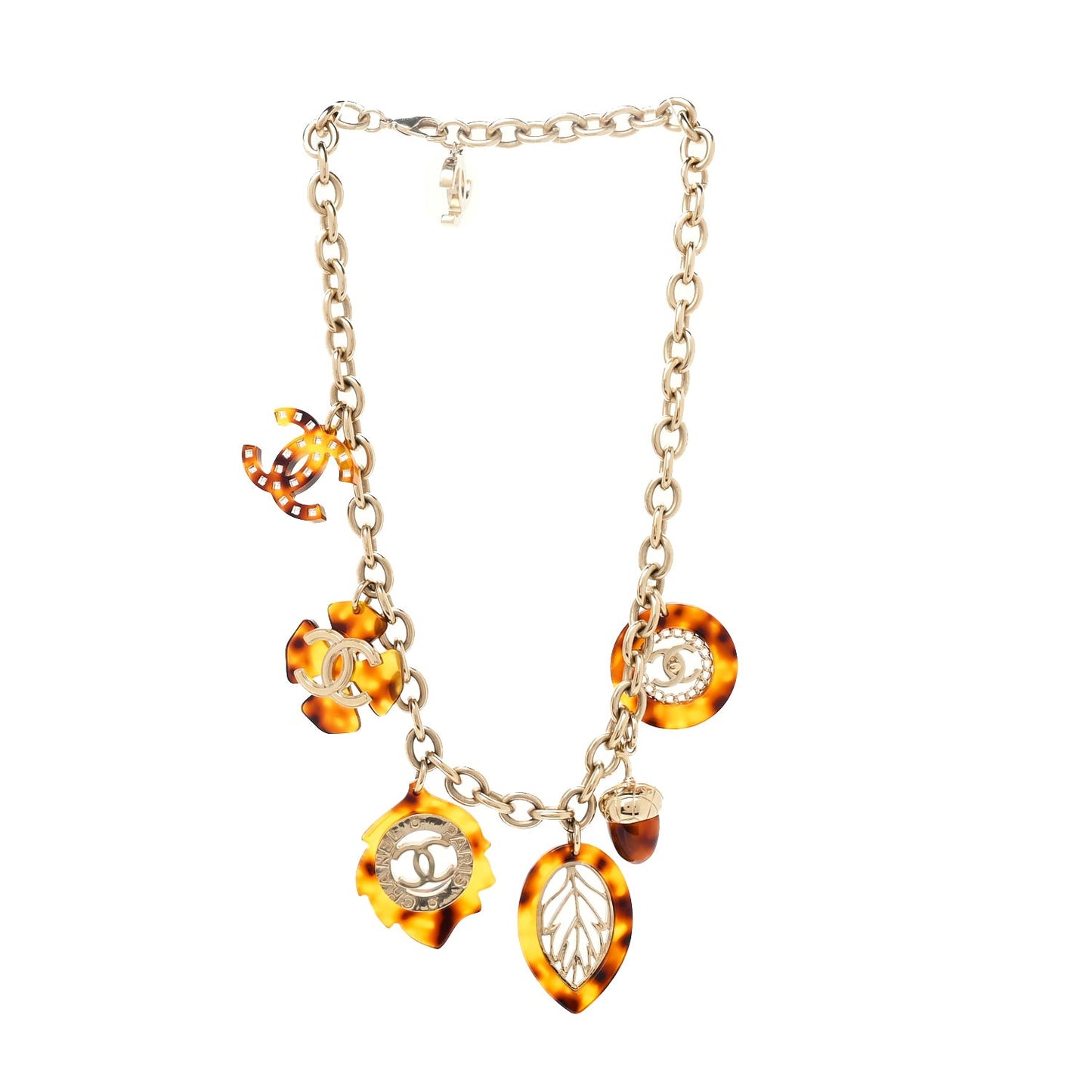 Resin Chain Logo Acorn Charm Necklace Tortoise  Gold