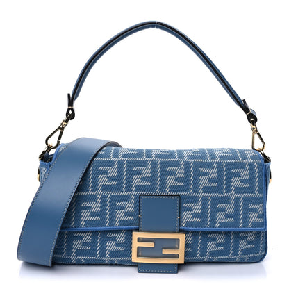 Fendi Denim Jacquard FF Effect Vitello Grace Reversible Baguette  Ceruleo 1 of 8