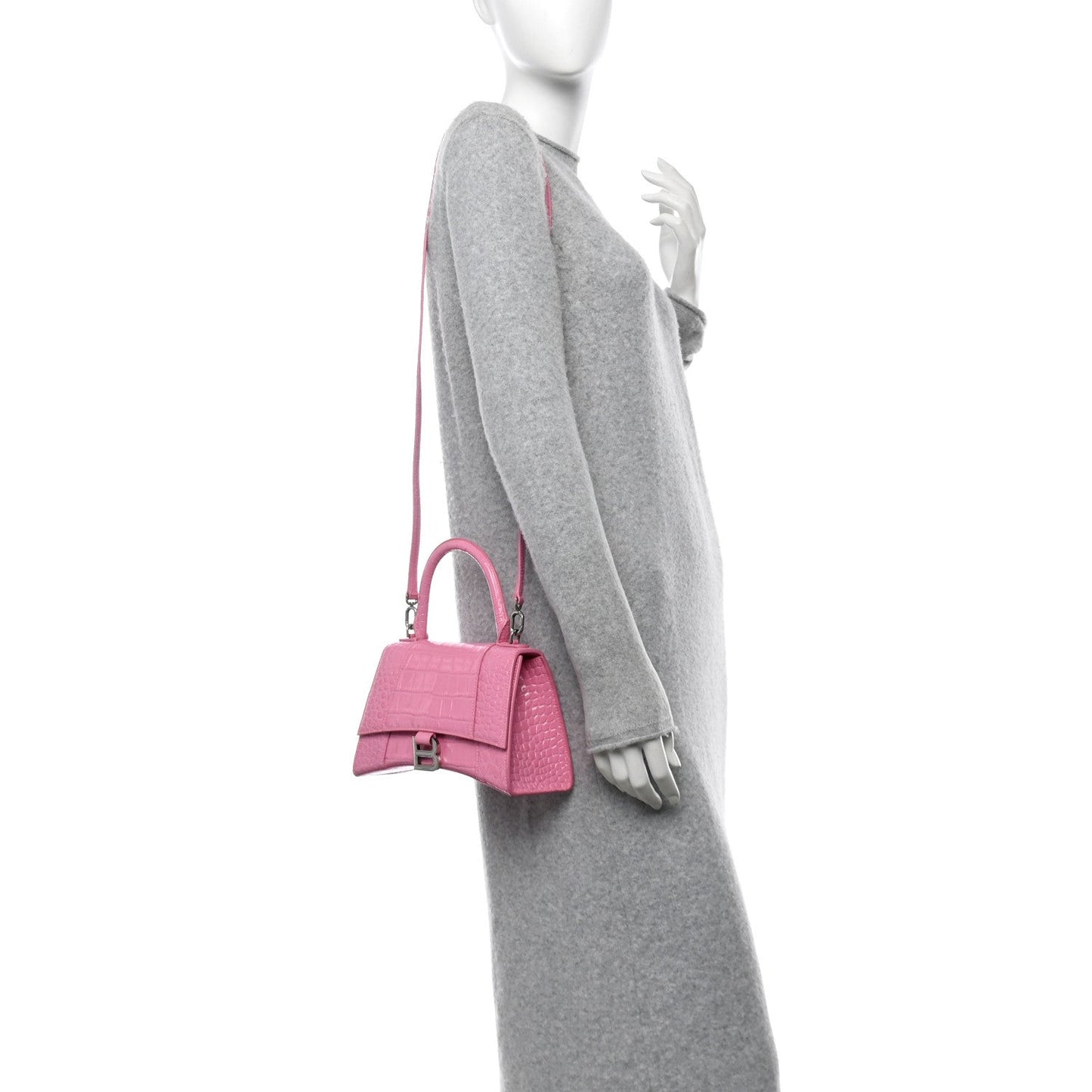 Shiny Calfskin Crocodile Embossed Small Hourglass Top Handle Bag Baby Pink