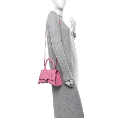Balenciaga Shiny Calfskin Crocodile Embossed Small Hourglass Top Handle Bag Baby Pink 3 of 7