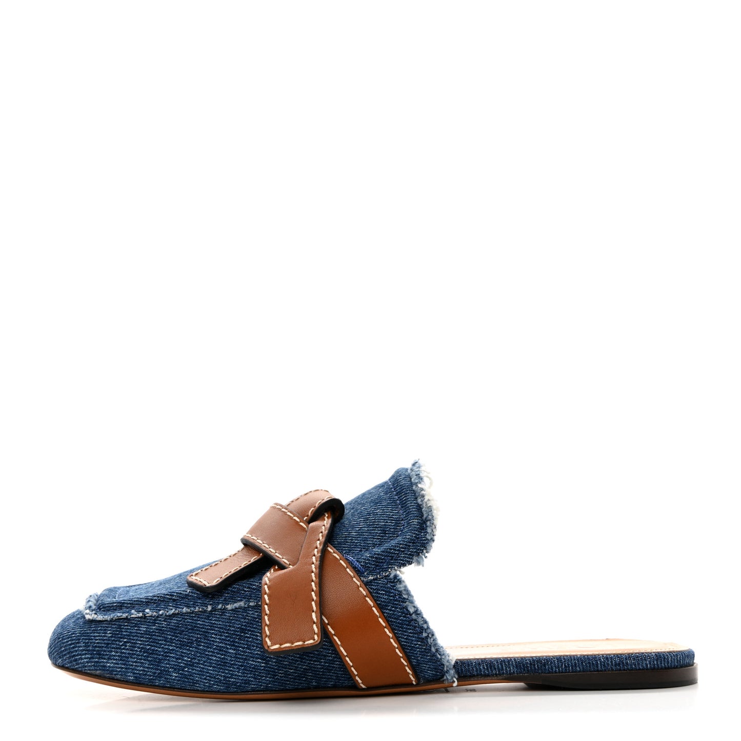 Washed Denim Calfskin Gate Mule Sandals 36 Blue Tan
