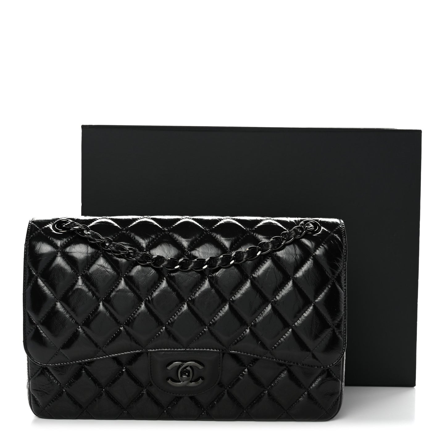 Shiny Distressed Calfskin Quilted Jumbo Double Flap So Black