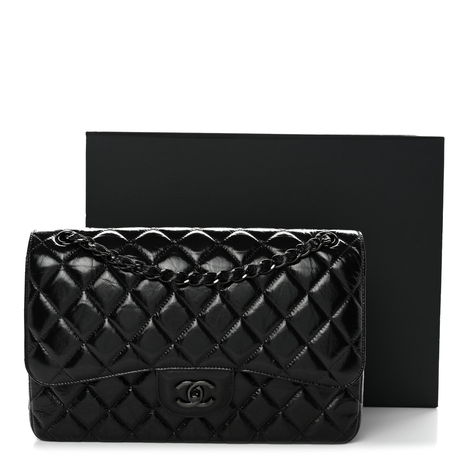 Chanel Shiny Distressed Calfskin Quilted Jumbo Double Flap So Black 12 of 12