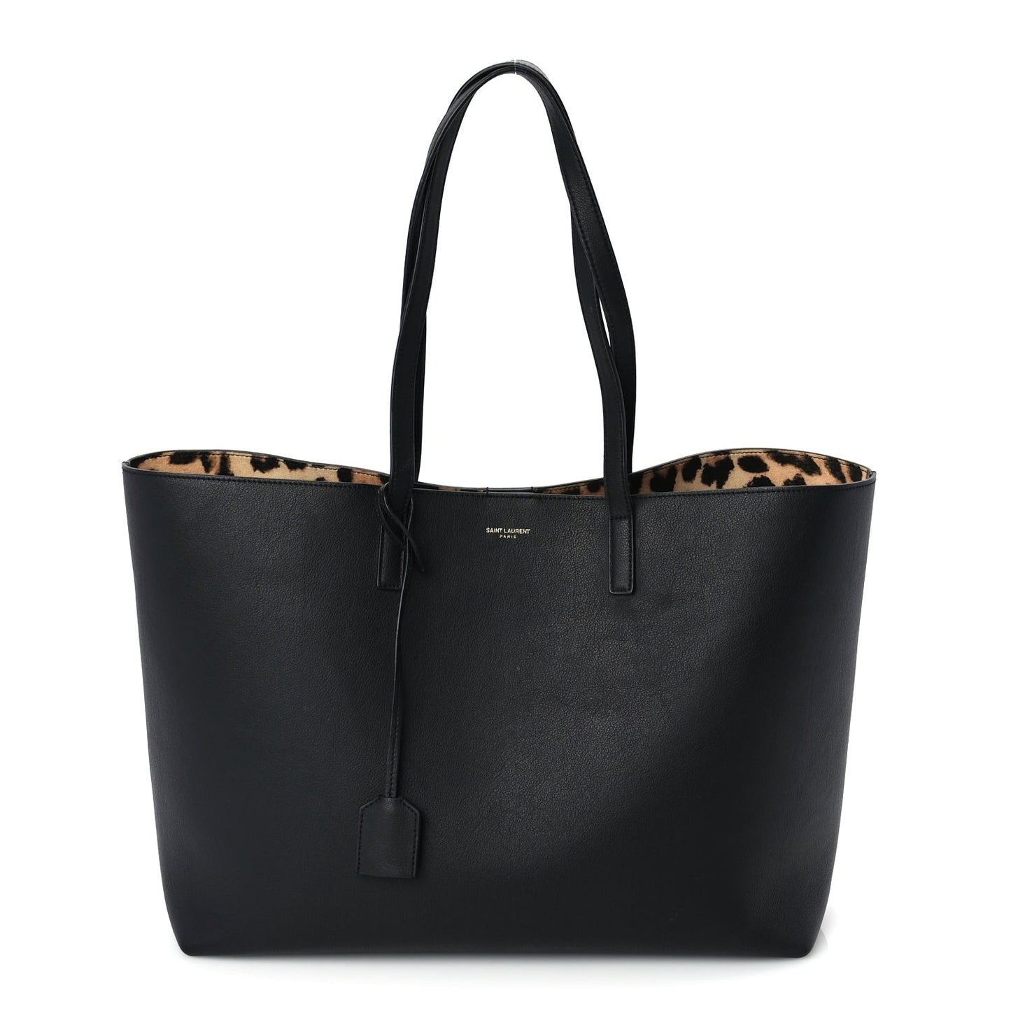 Calfskin Large Leopard Print Shopping Tote Black