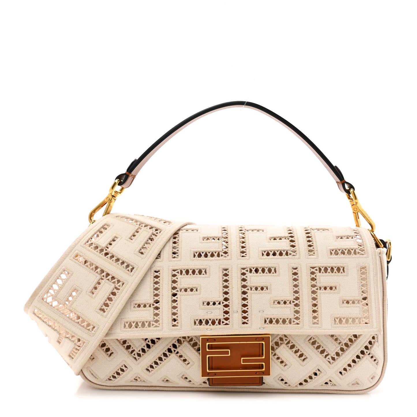 Canvas Cuoio Agata FF Ajour Embroidered Baguette Grezzo Cuoio