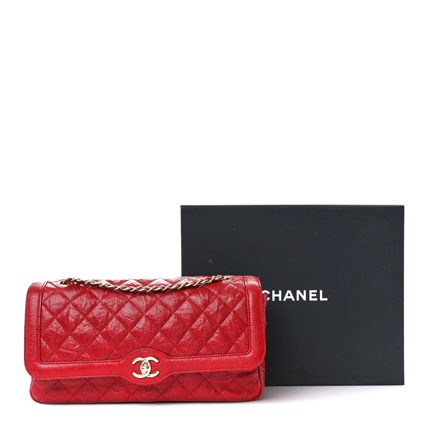 Crumpled Grained Calfskin Quilted Large Two Tone Flap Bag Red