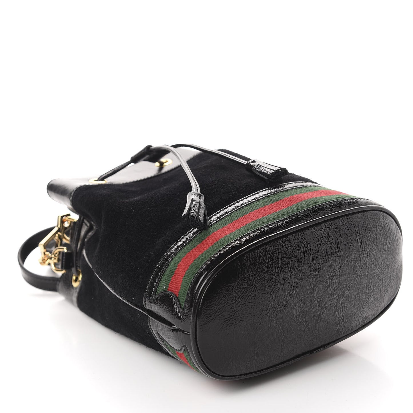 Suede Patent Web Small Ophidia Bucket Bag Black