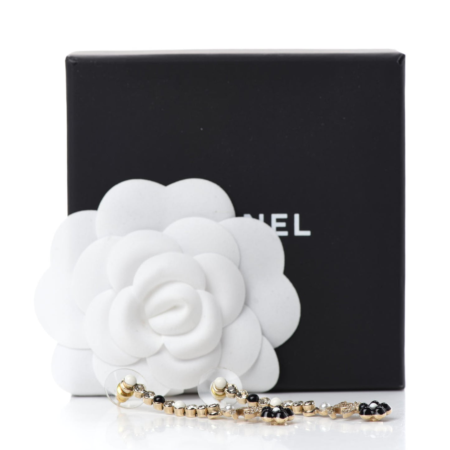 Crystal Enamel Flower CC Drop Earrings Gold White Black