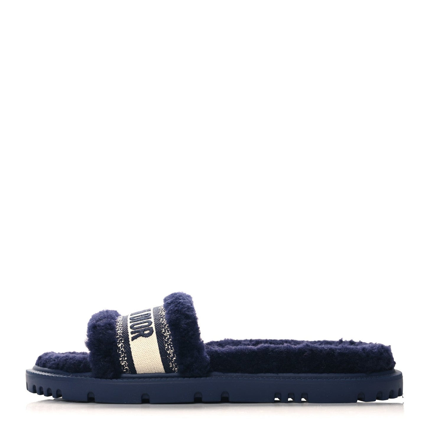 Shearling Canvas Lurex Embroidered Dway 10mm Slide Sandals 41 Navy Natural