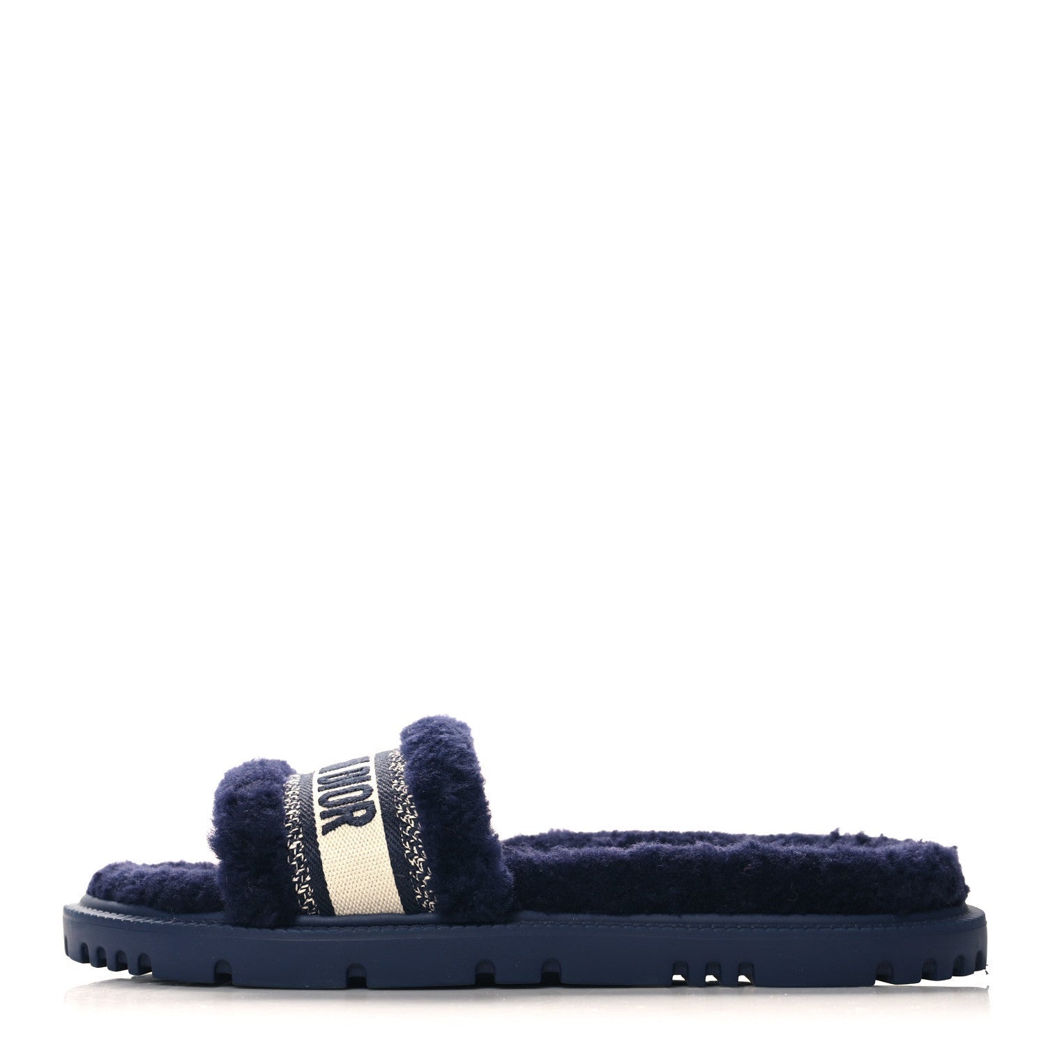 Christian Dior Shearling Canvas Lurex Embroidered Dway 10mm Slide Sandals 41 Navy Natural 1 of 7