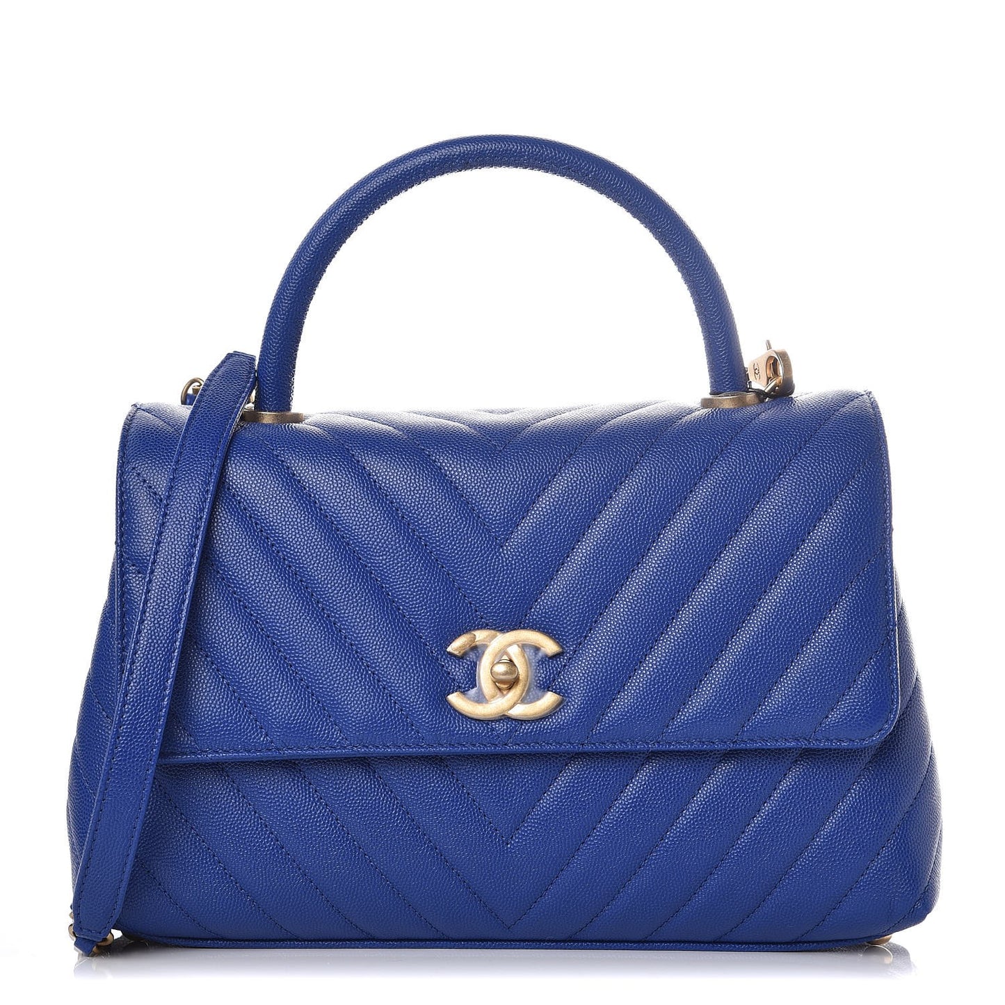 Caviar Chevron Quilted Small Coco Handle Flap Blue