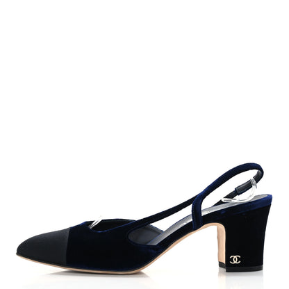 Chanel Velvet Grosgrain Cap Toe CC Slingback Pumps 40.5 Blue Black 1 of 8