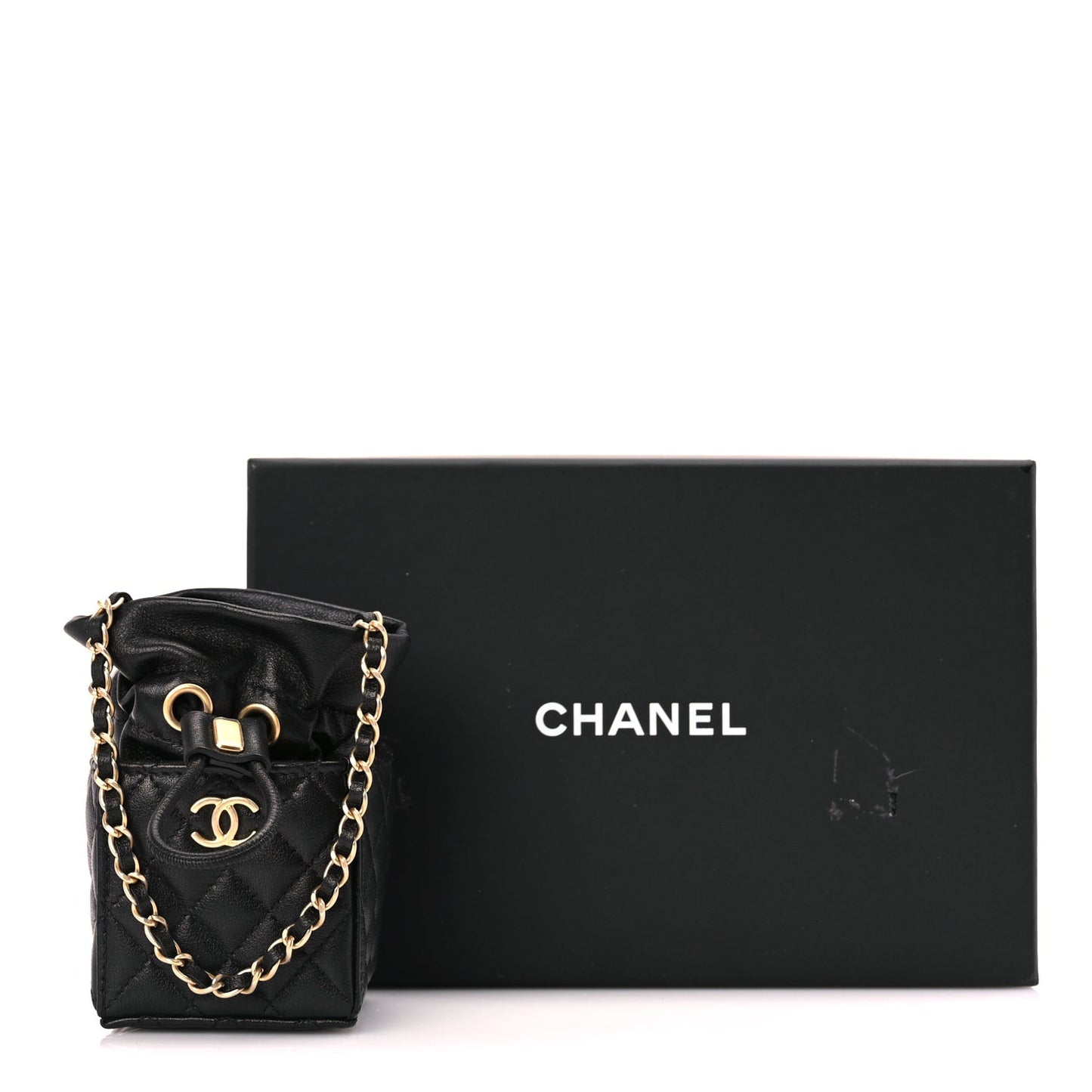 Calfskin Quilted Mini Drawstring Bucket Bag Black
