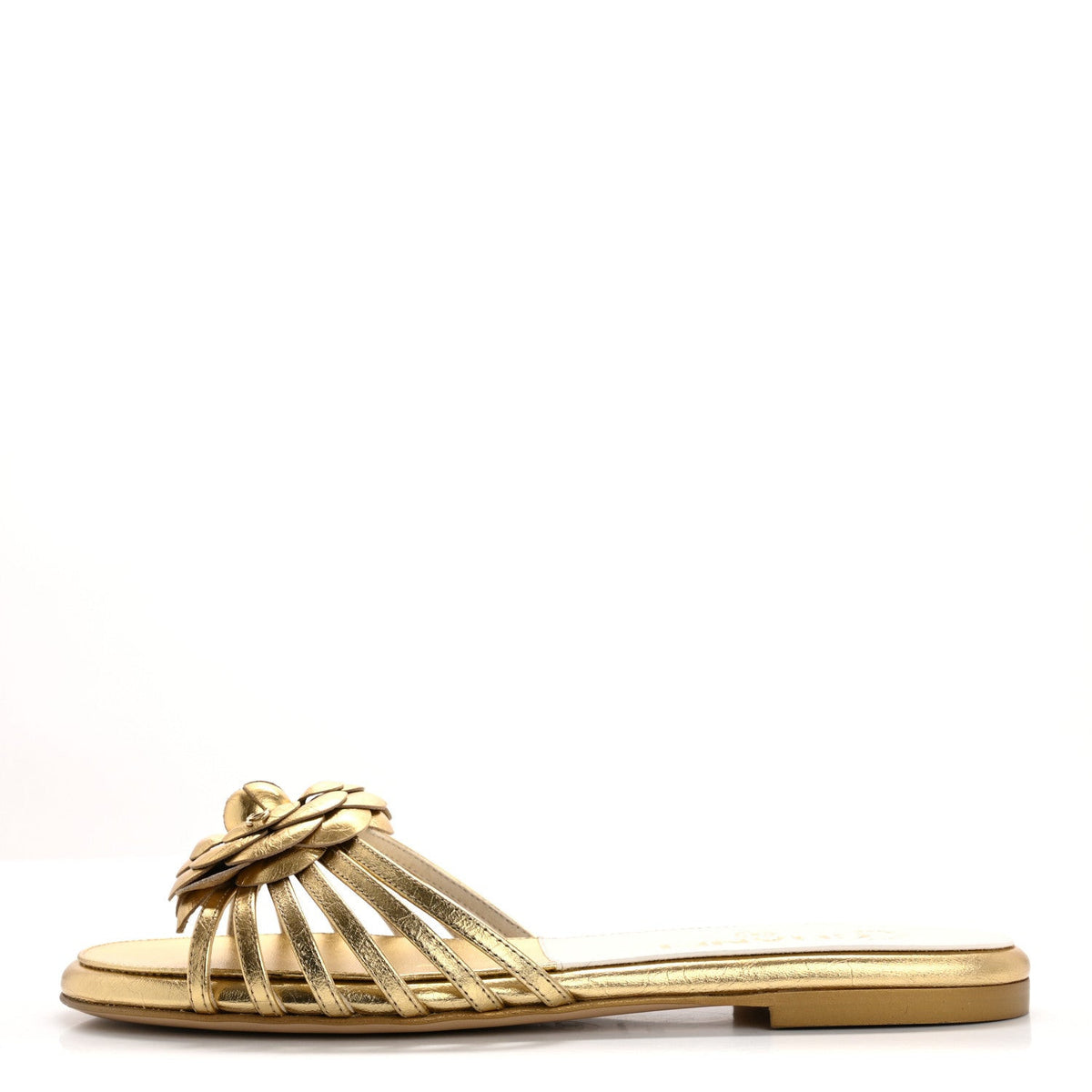 Chanel Laminated Lambskin Camellia CC Slide Sandals 36 Gold 1 of 7