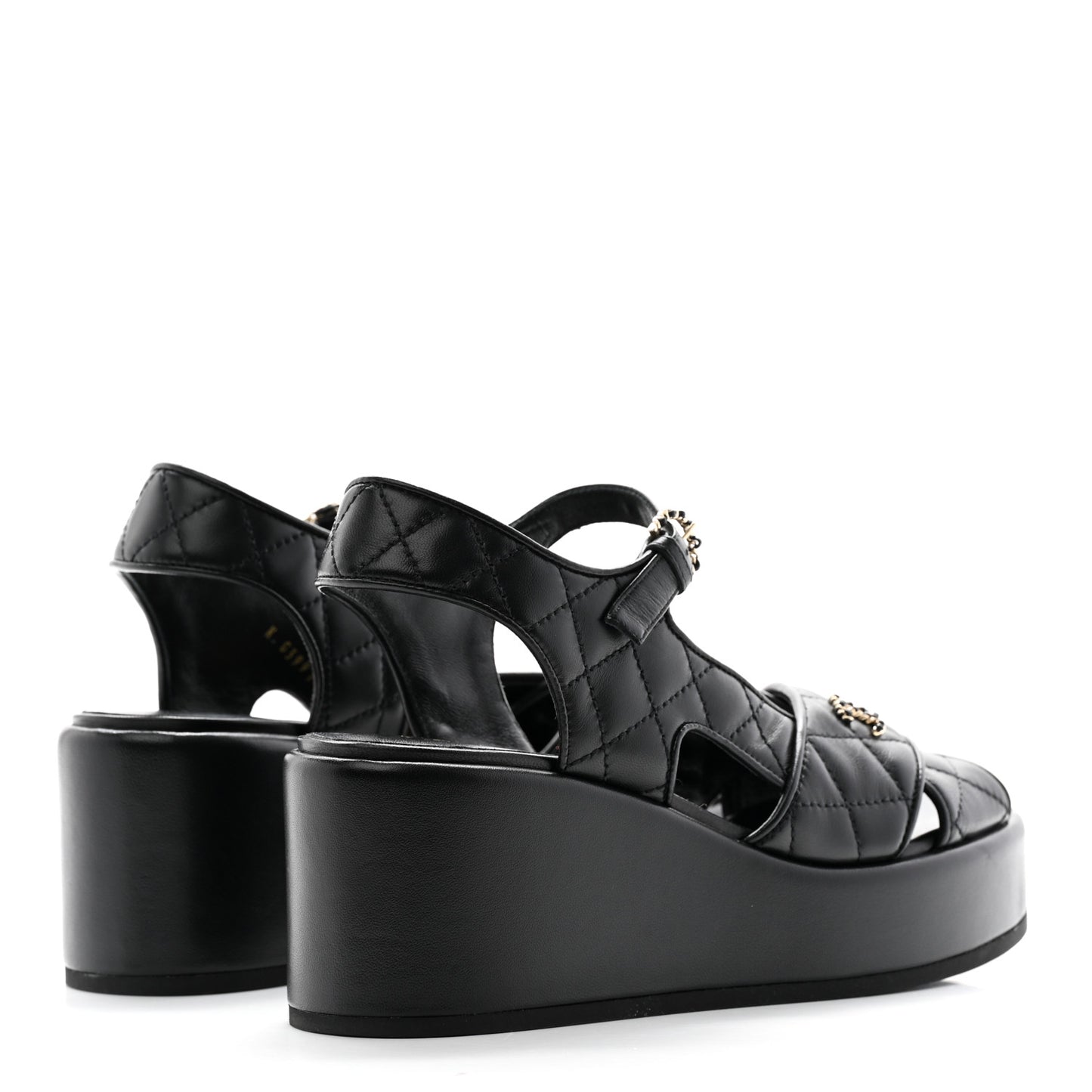 Lambskin Quilted Peep Toe Wedge Sandals 36.5 Black