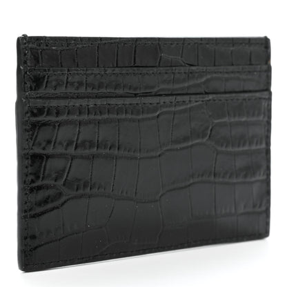 Saint Laurent Calfskin Crocodile Embossed Monogram Credit Card Case Black 3 of 9