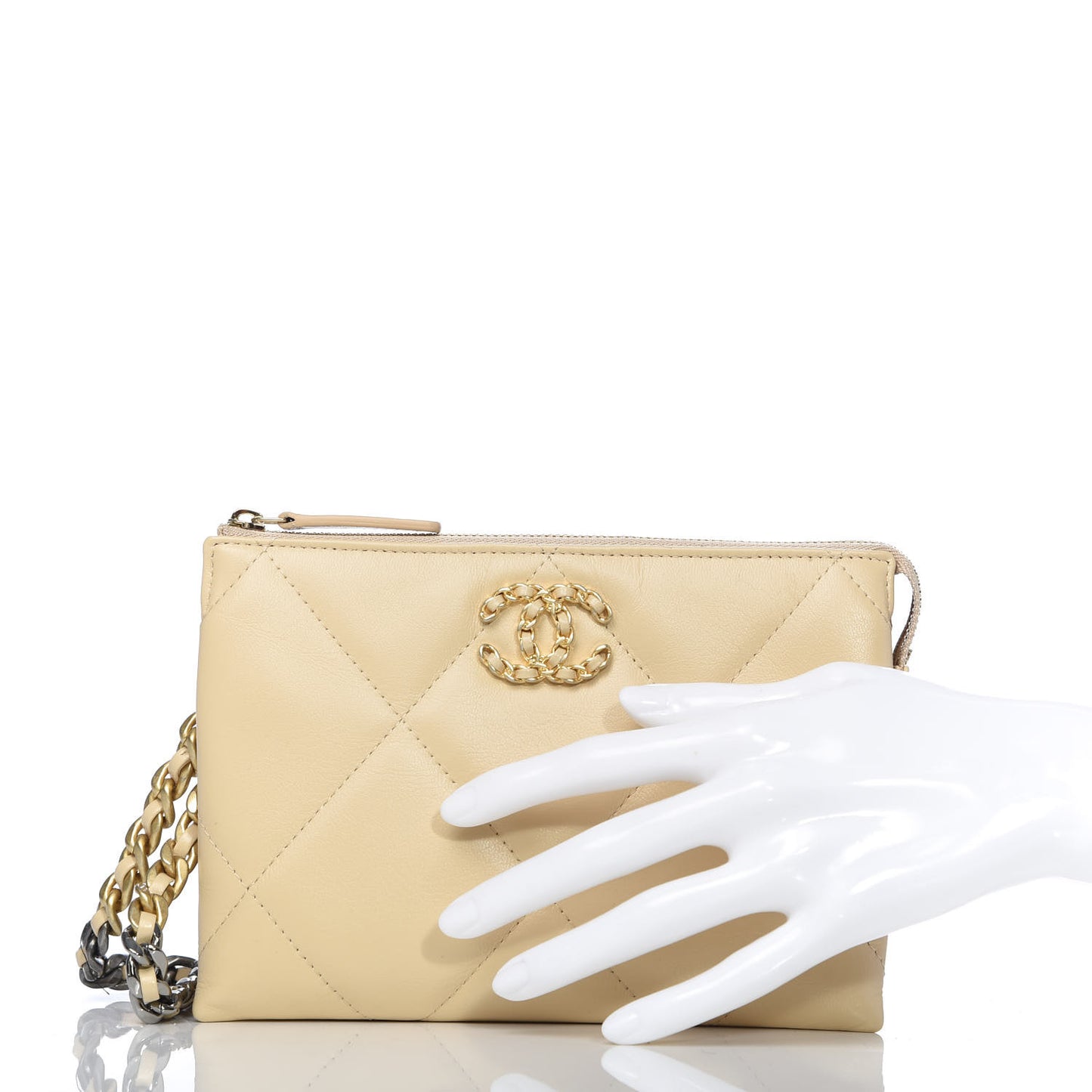 Shiny Goatskin Quilted 19 Small Pouch With Handle Beige