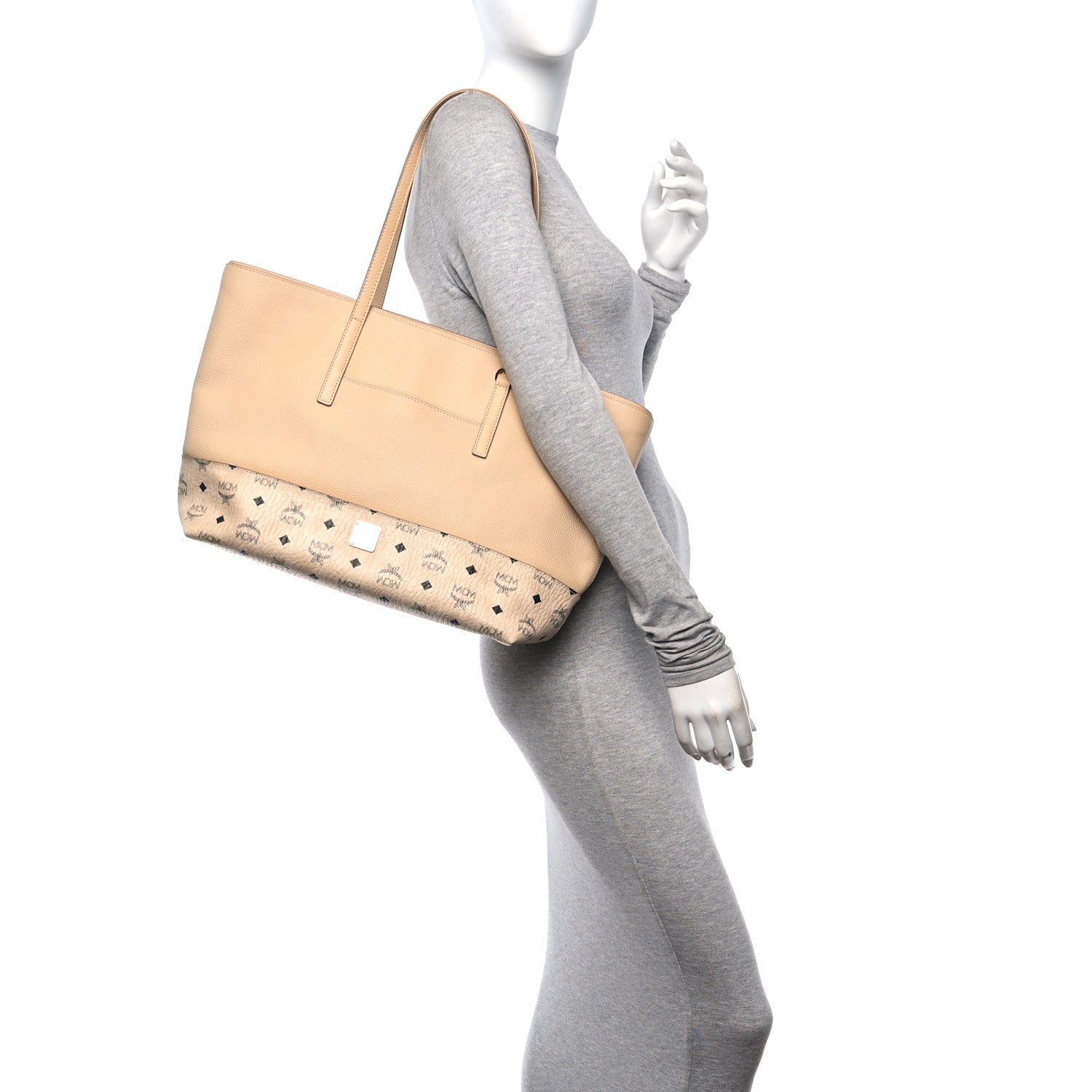 MCM Calfskin Visetos Anya Shopper Tote Beige 2 of 11
