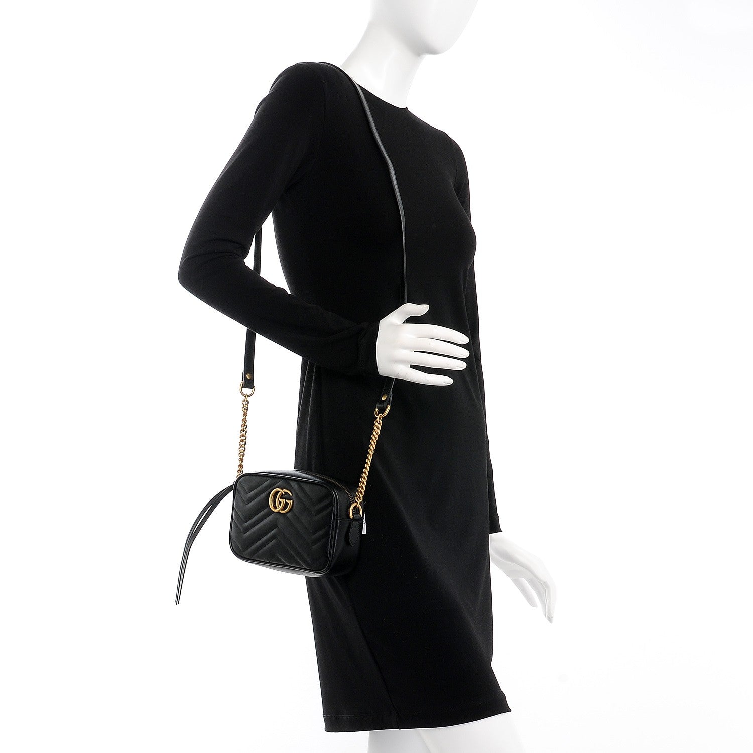 Gucci Calfskin Matelasse Mini GG Marmont Chain Shoulder Bag Black 2 of 7