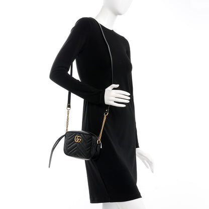 Gucci Calfskin Matelasse Mini GG Marmont Chain Shoulder Bag Black 2 of 7