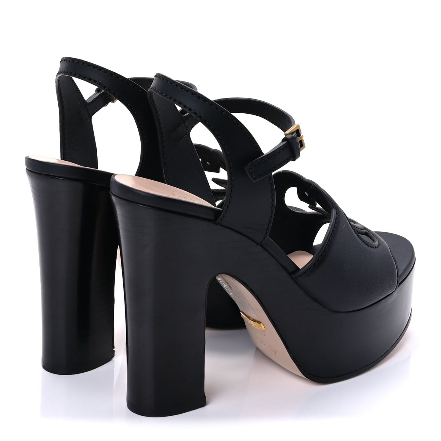 Cosmos Softy Calfskin Wooden Interlocking G Cut-Out 30/120mm Platform Sandals 38  Black