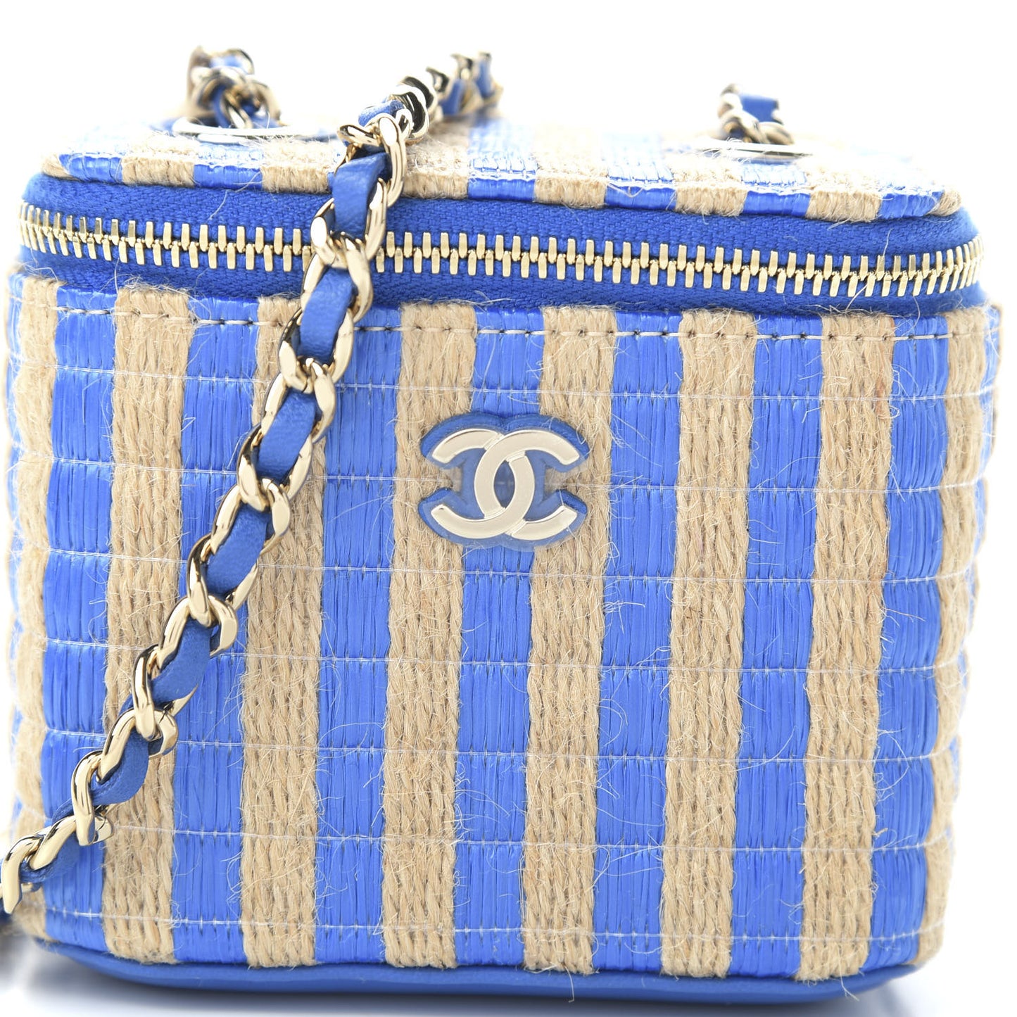 Raffia Jute Striped Mini Vanity Case With Chain Blue Beige