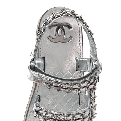 Chanel Metallic Laminated Goatskin Chain Flat Sandals 39 Silver 7 of 9