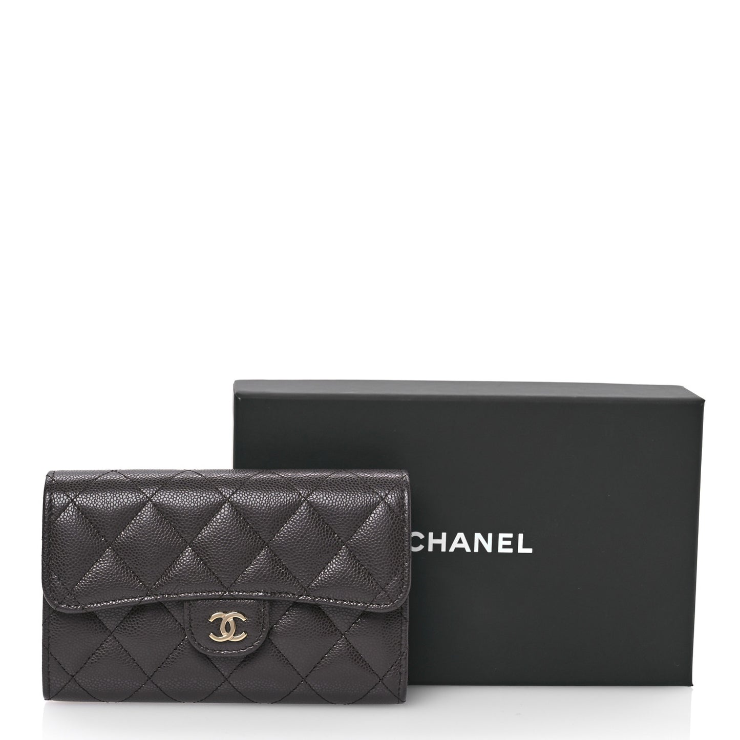 Caviar Quilted Medium Flap Wallet Dark Brown