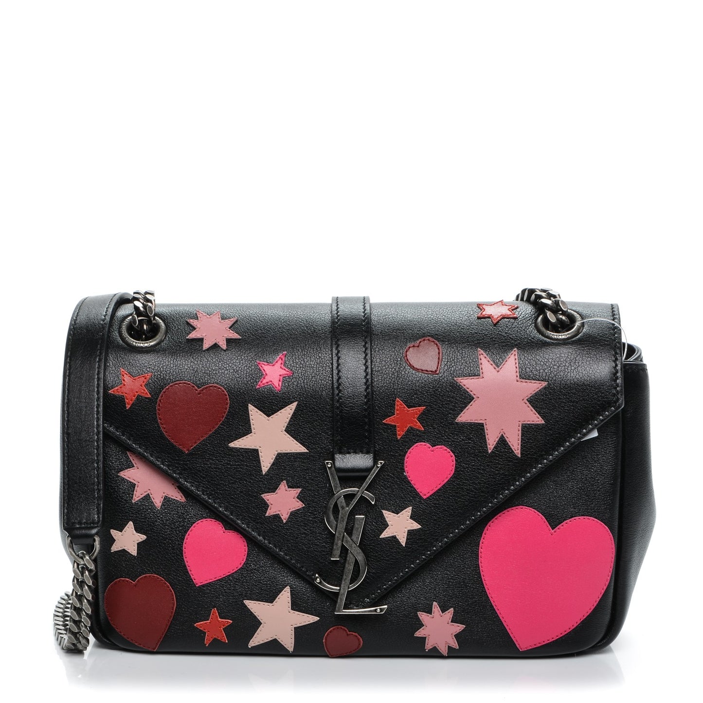 Calfskin Medium Heart Patchwork Monogram Chain Wallet Black