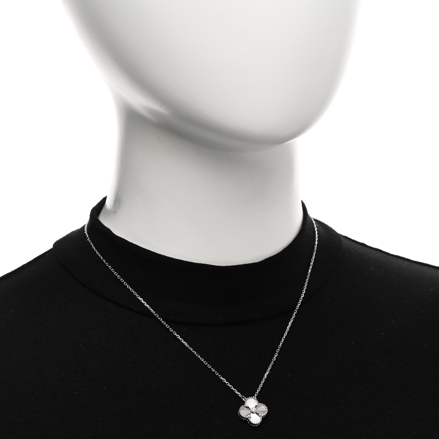 Van Cleef & Arpels 18K White Gold Diamond Guilloche Vintage Alhambra Pendant Necklace 2 of 5