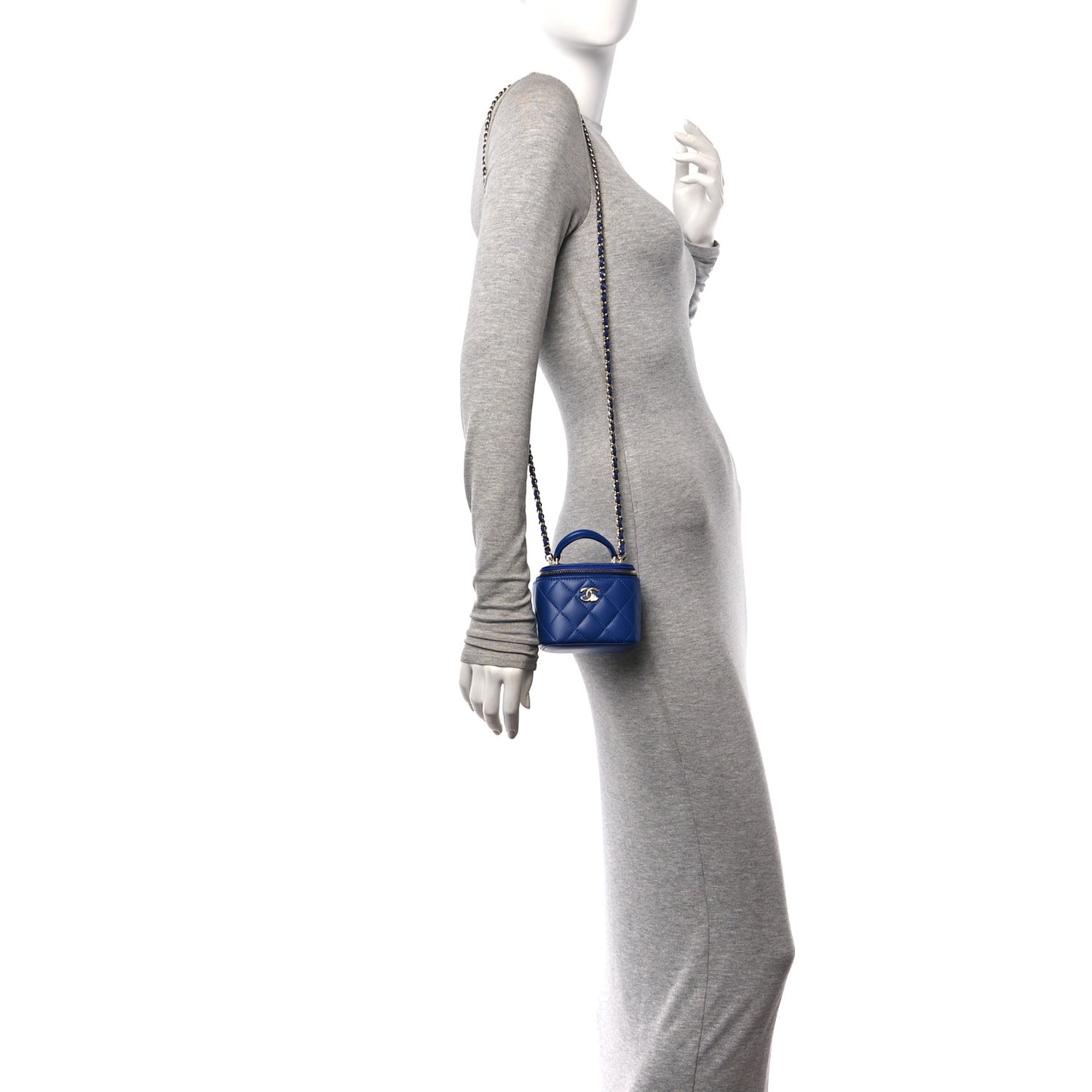 Lambskin Quilted Top Handle Mini Vanity Case With Chain Blue