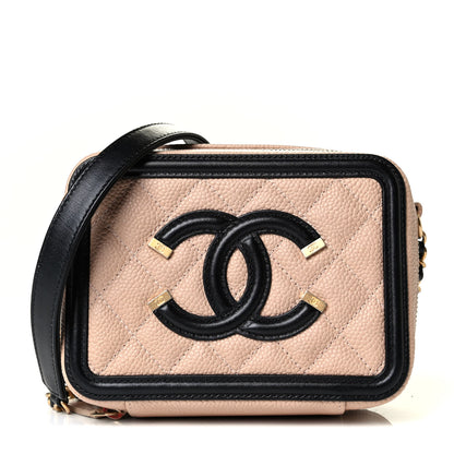 Chanel Caviar Quilted CC Filigree Vanity Clutch With Chain Beige Black 1 of 4