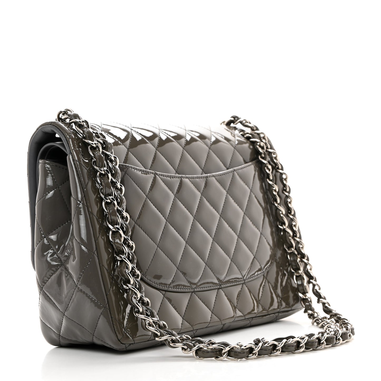 Patent Calfskin Quilted Jumbo Double Flap Grey