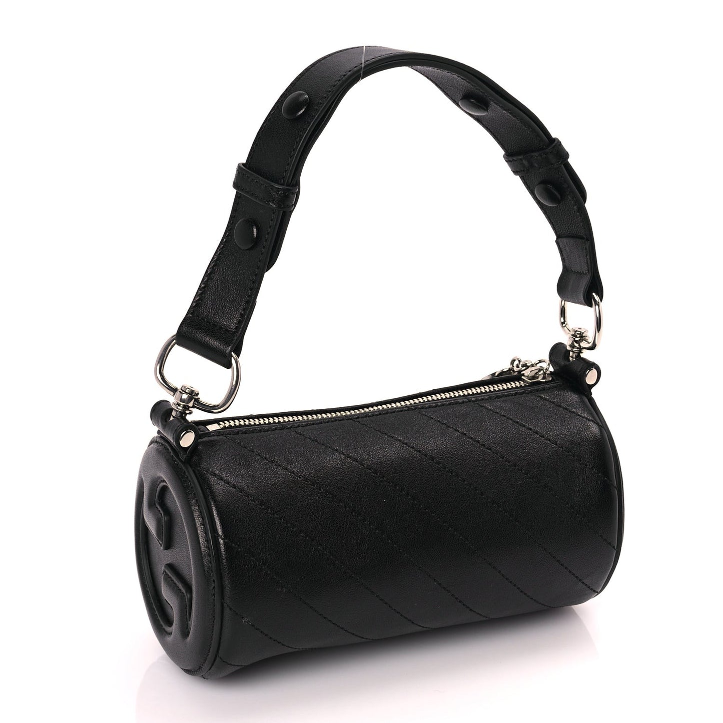 Sakai Be Green Calfskin Diagonal Stitched Mini Blondie Barrel Shoulder Bag Black