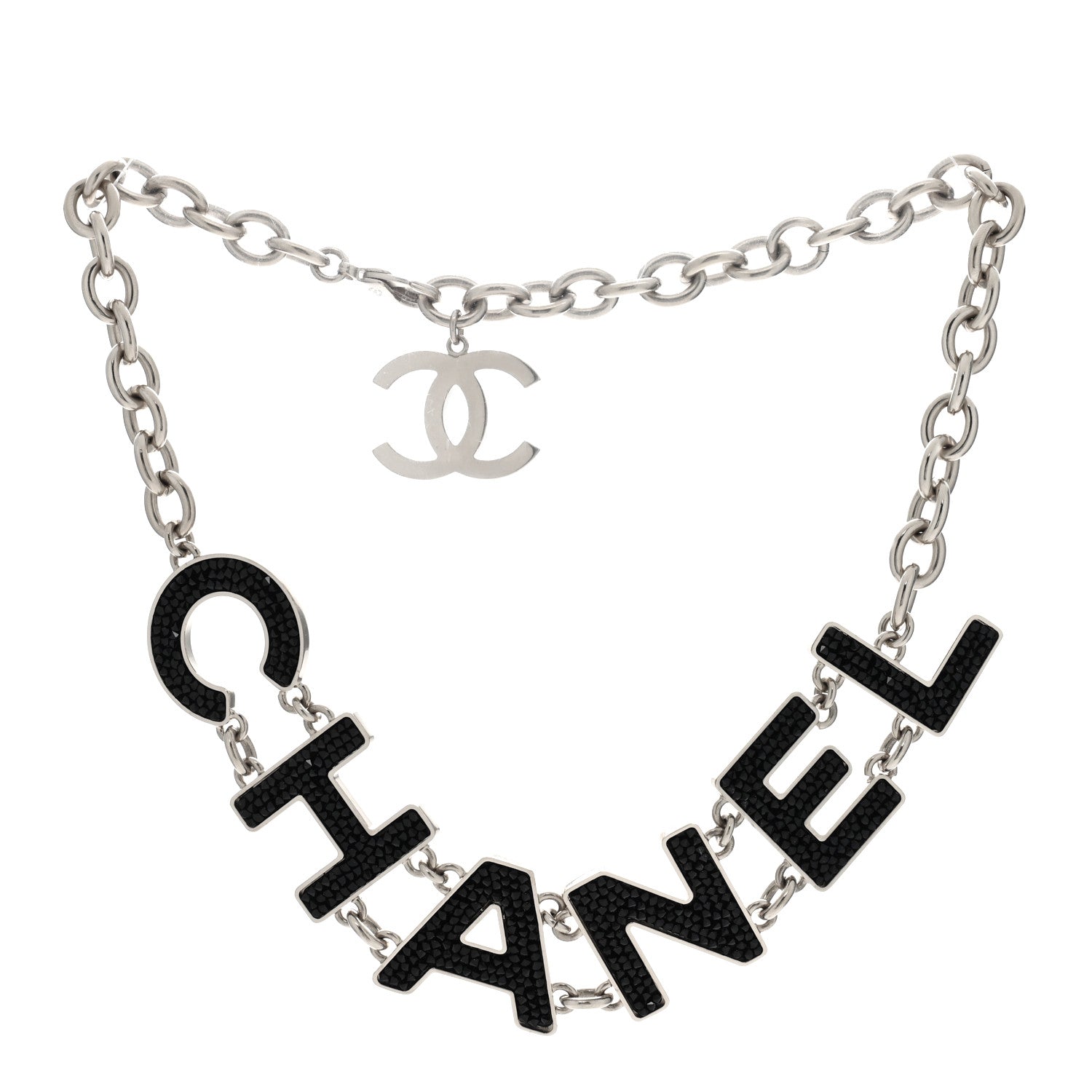 Chanel Crystal Logo Necklace Black Silver 3 of 4