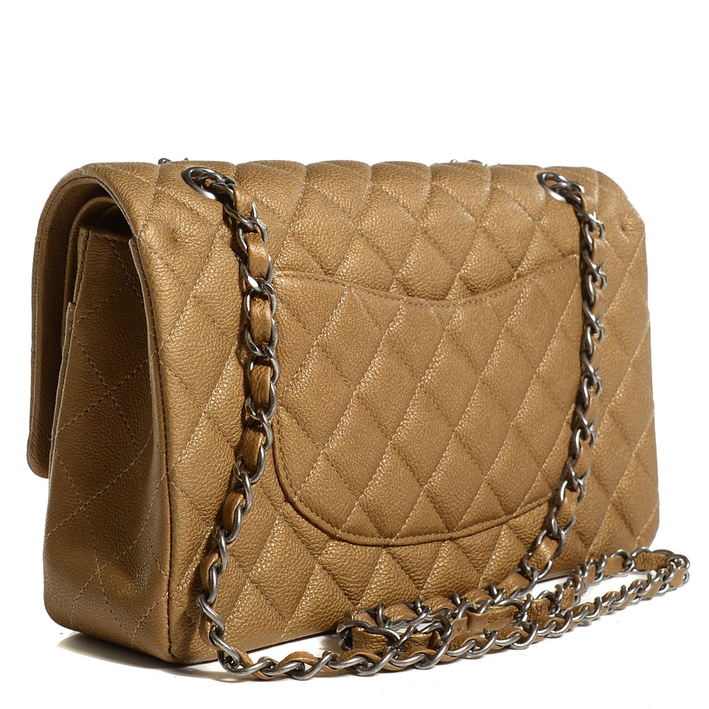 Metallic Calfskin Quilted Medium Double Flap Dark Gold