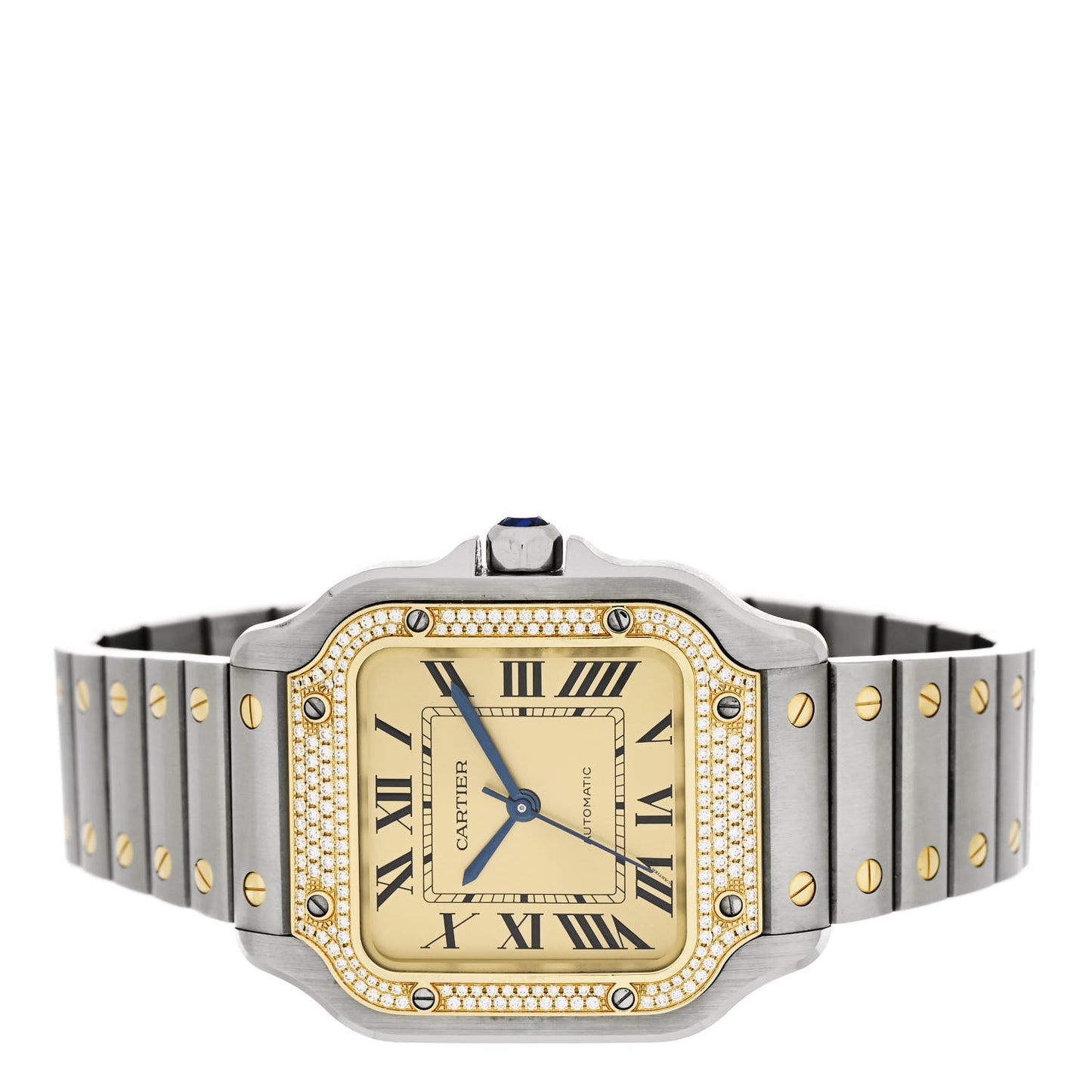 Stainless Steel 18K Yellow Gold Diamond Pave Bezel 35mm Santos de Cartier Automatic Watch