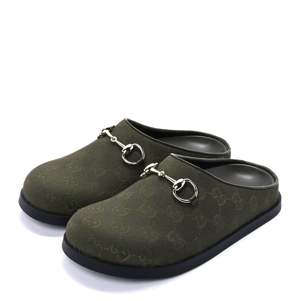 Gucci New Canvas Monogram GG Granada Kid Womens Horsebit Mules 37.5  Green 3 of 10