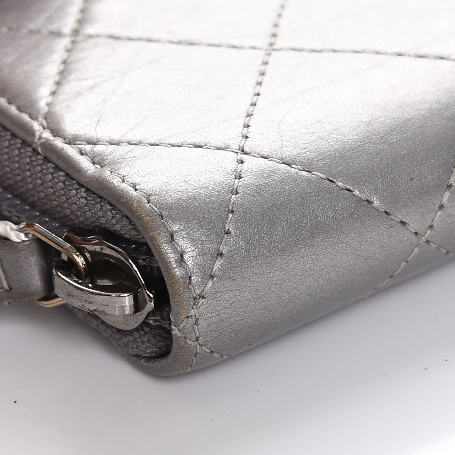 Calfskin Stitched Large Zip Around Wallet Silver
