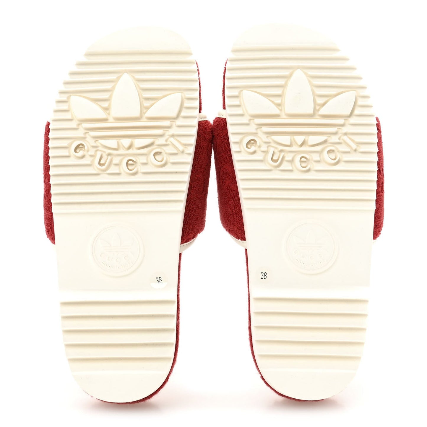 X ADIDAS Terry Cloth Trefoil GG Monogram Womens Platform Sandals 38 Maple Red Off White