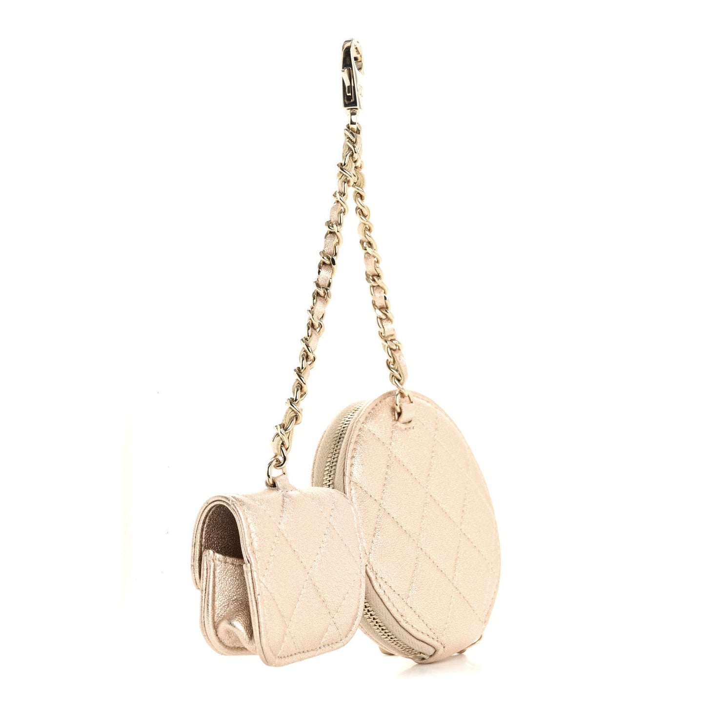 Metallic Lambskin Quilted Round Clip On Coin Purse Airpods Case Gold